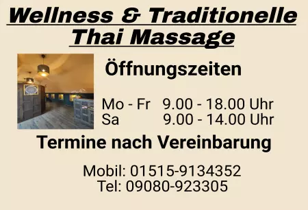 Geschaeftsschilder Tuerschilder Eingang Firma Thai Massage Öfnnungszeiten Bild